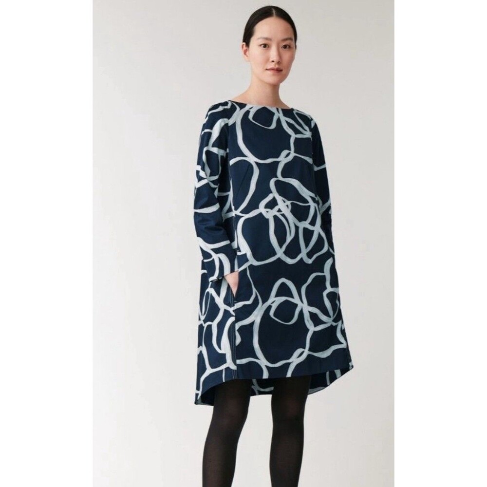 NWT COS Navy Gray Pattern Dress 3/4 Sleeve Dress chic designer career-2